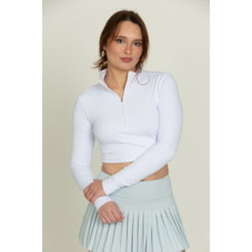 Gold Hinge Cream Athletic Half-Zip Long Sleeve Crop Top Thumbholes Large NWT